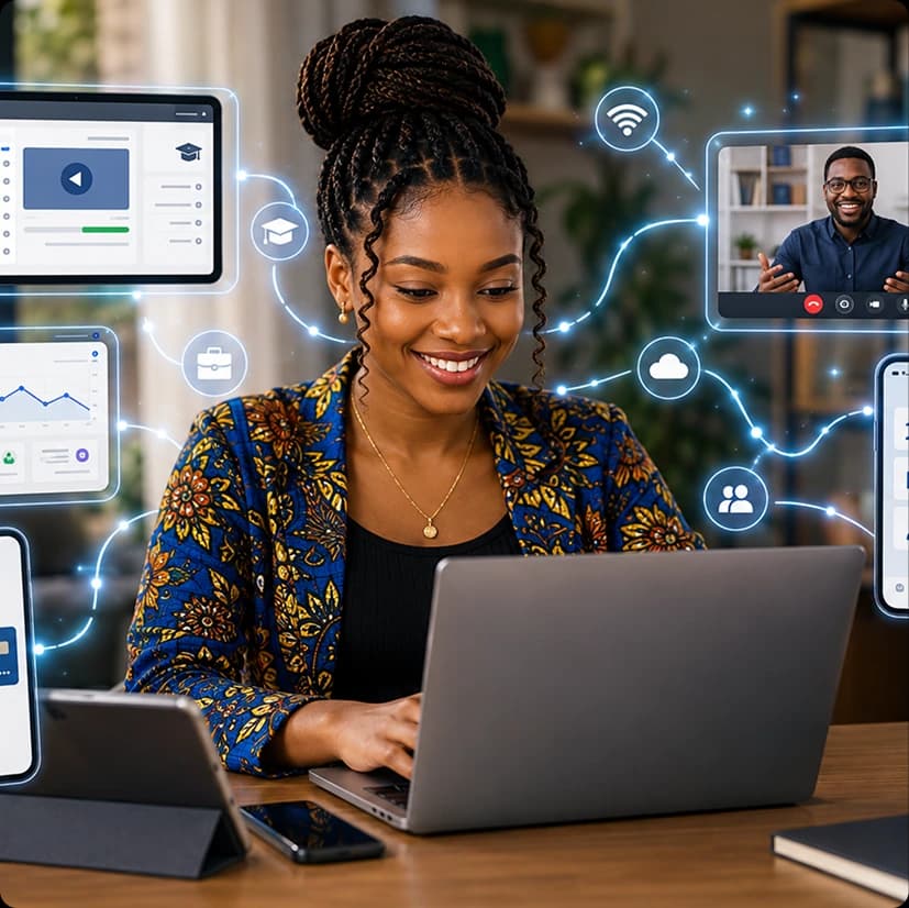 Nigerian woman learning and working on laptop